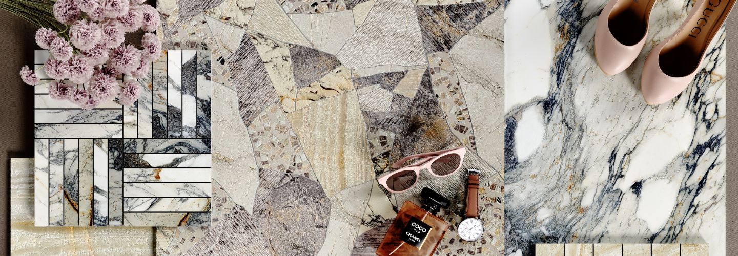 Flatlay of Marblique porcelain tile collection 