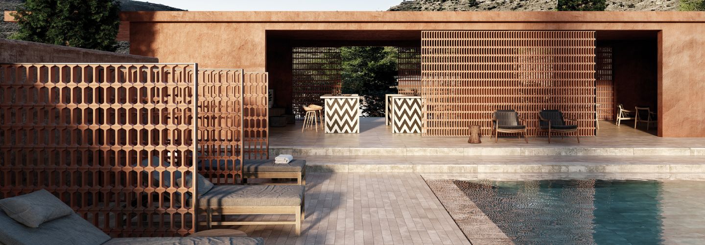 Architectural Icon tile in outdoor hospitality setting 