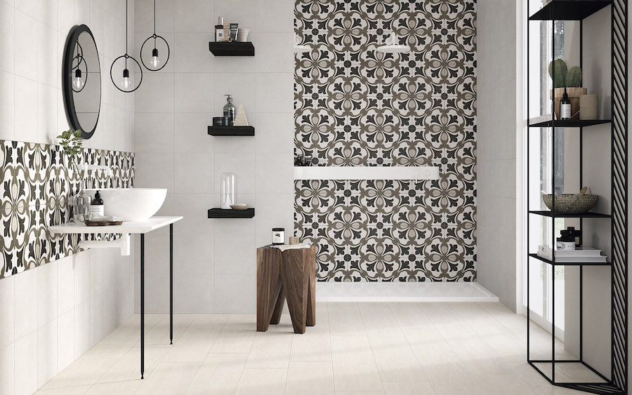 bathroom with emncaustic patterned porcelain/ceramic tiles on shower wall and  vanity backsplash