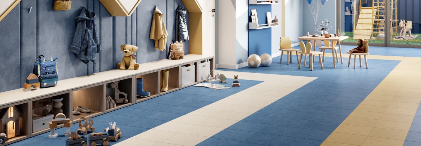 School classroom with colorful tile