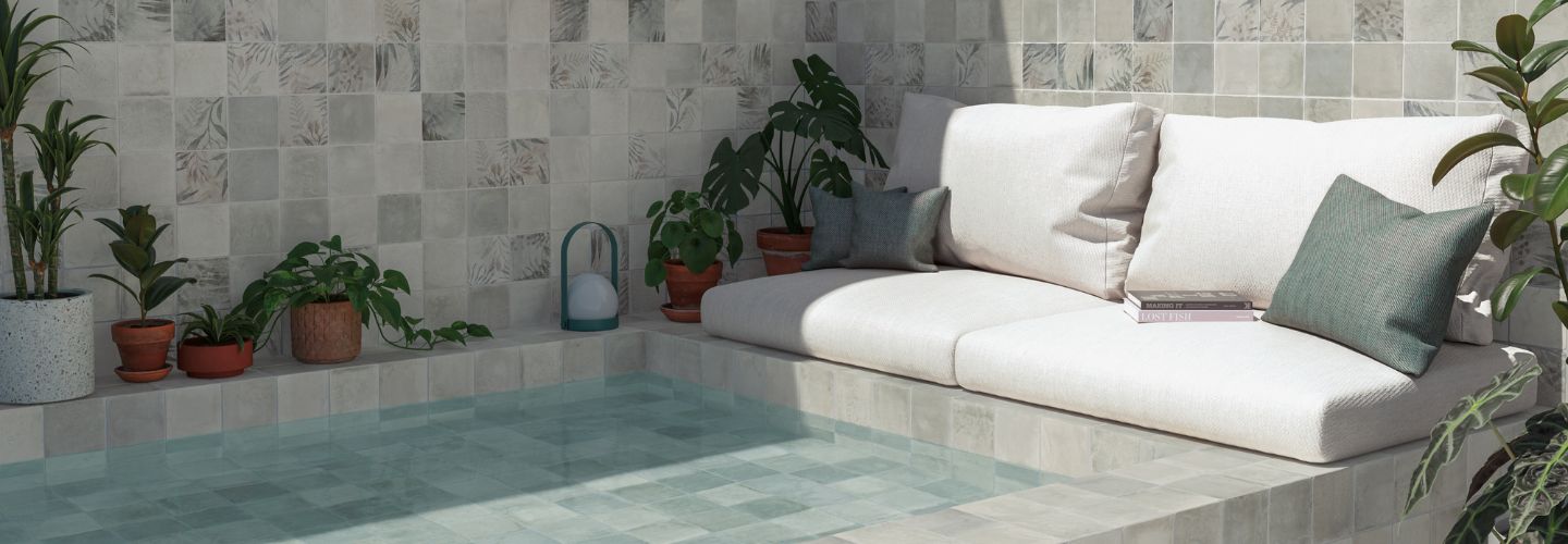 Outdoor wellness space _ relaxing tile spa with seating