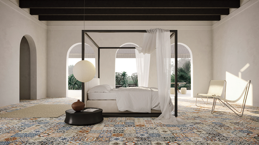 bedroom floor with multicolored encaustic patterned porcelain tiles