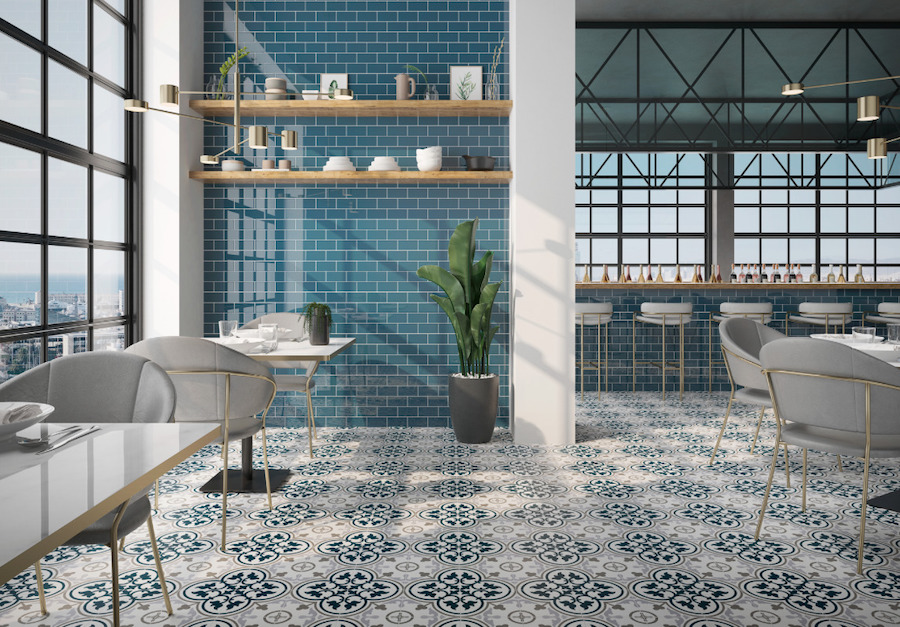 Cafe with encaustic patterned porcelain tile floor