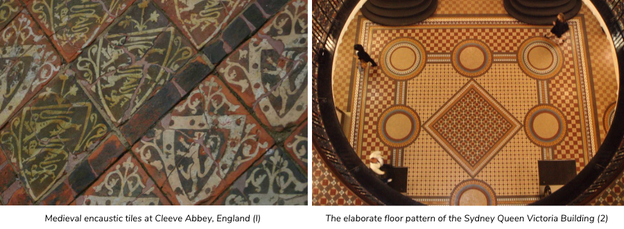 Medieval encaustic tiles at Cleeve Abbey, England and The elaborate floor pattern of the Sydney Queen Victoria Building