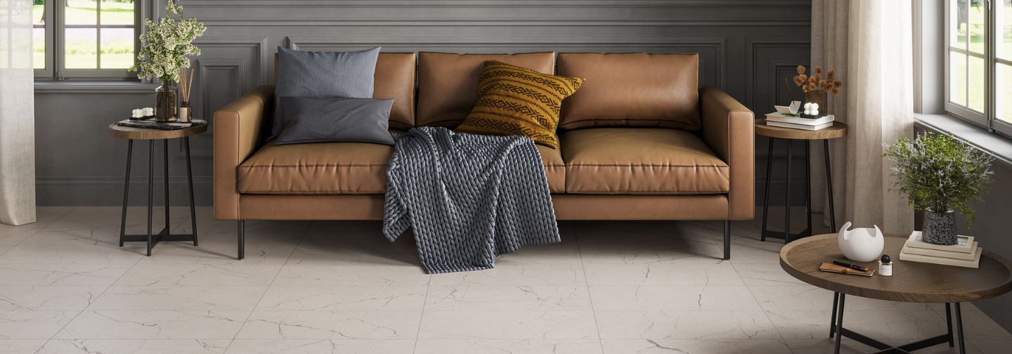 Living room with FeatherSoft porcelain tile floor.